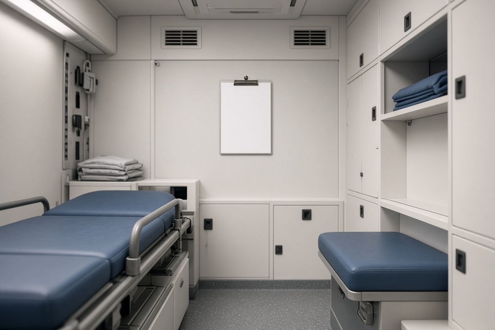 Clean, restocked ambulance compartment with a blank log card clipped to the wall